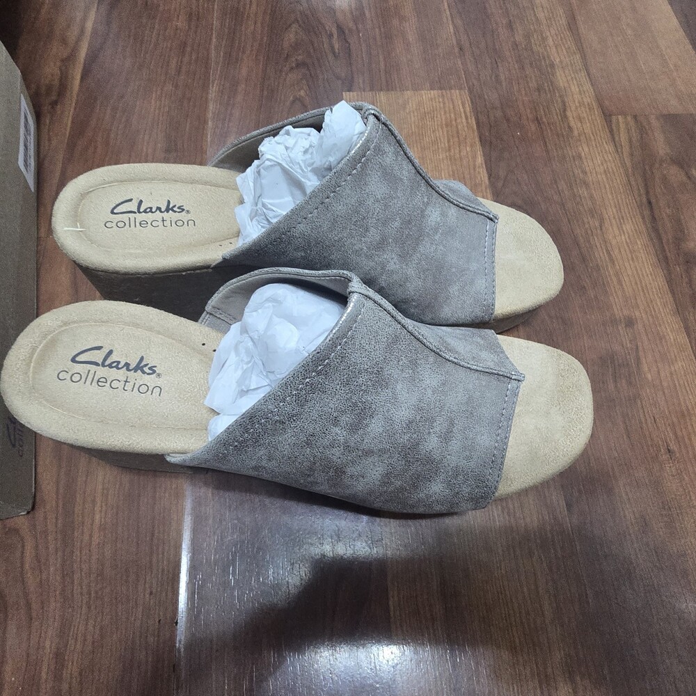 Clarks Womens Nerisa Vine Taupe Metallic Gold Mule Slipper With Cork Heel 9 Read - Picture 4 of 13